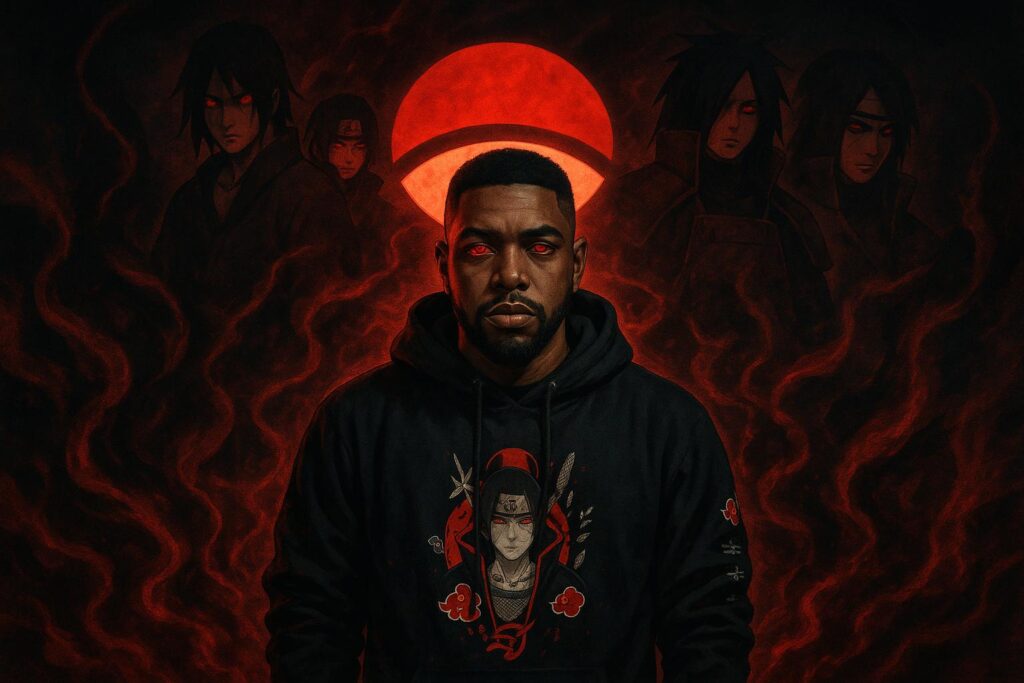 Chayne Clouds with Sharingan eyes in a dark Uchiha Clan inspired album cover. Anime and hip-hop fusion artwork for the blog ‘Why the Uchiha Clan Inspires My Music