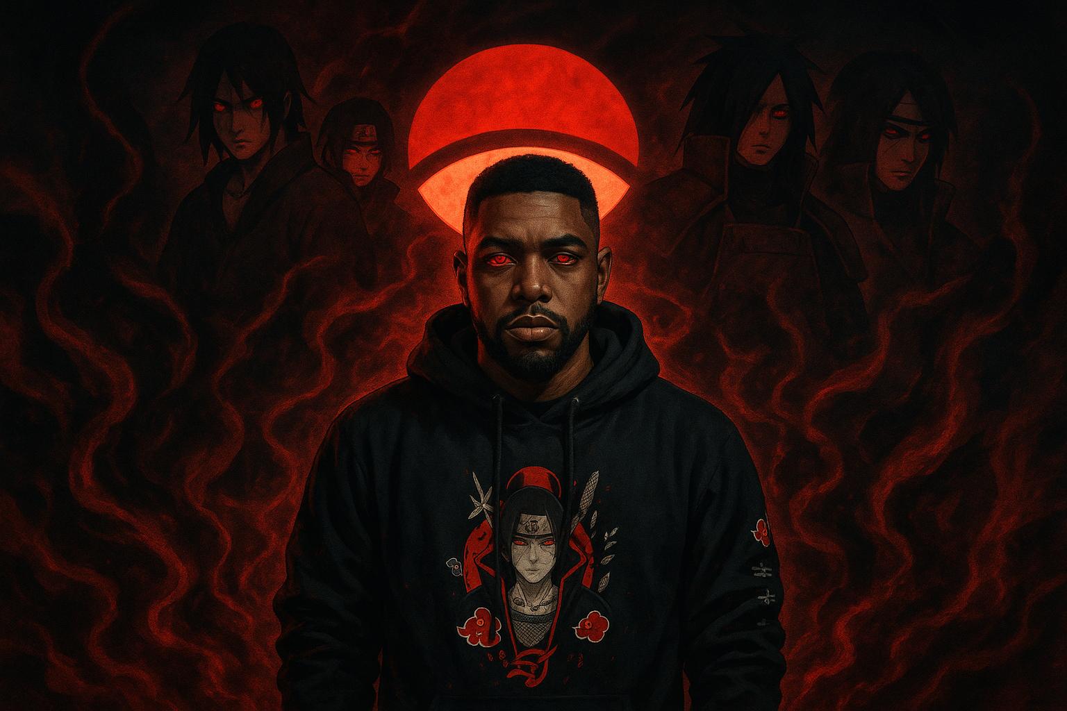 Chayne Clouds with Sharingan eyes in a dark Uchiha Clan inspired album cover. Anime and hip-hop fusion artwork for the blog ‘Why the Uchiha Clan Inspires My Music