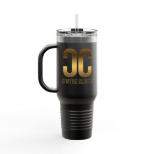 40oz Insulated Travel Mug — Gold 'Shayne Clouds' Logo, Large Spill‑Resistant Tumbler